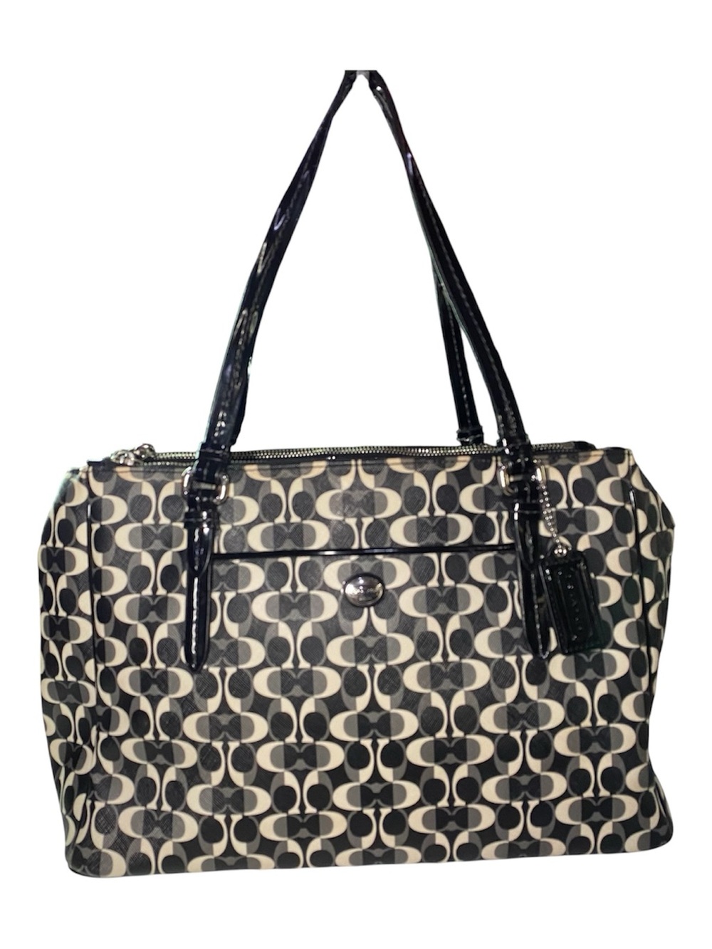Coach Tote Bag Black Cream Peyton Dream C Double Zip Carryall Coated Canvas
